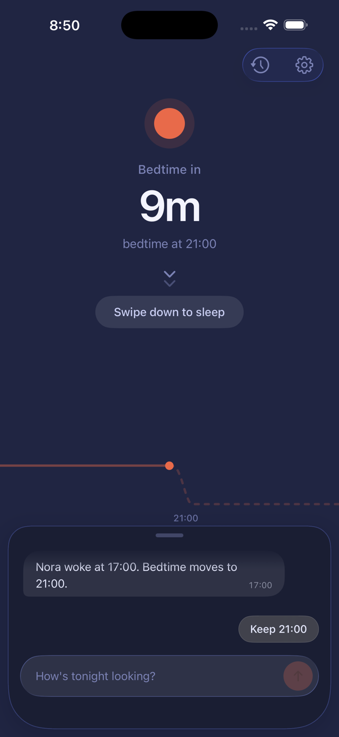 Lune's home screen while the baby is awake, showing tonight's bedtime and a swipe hint