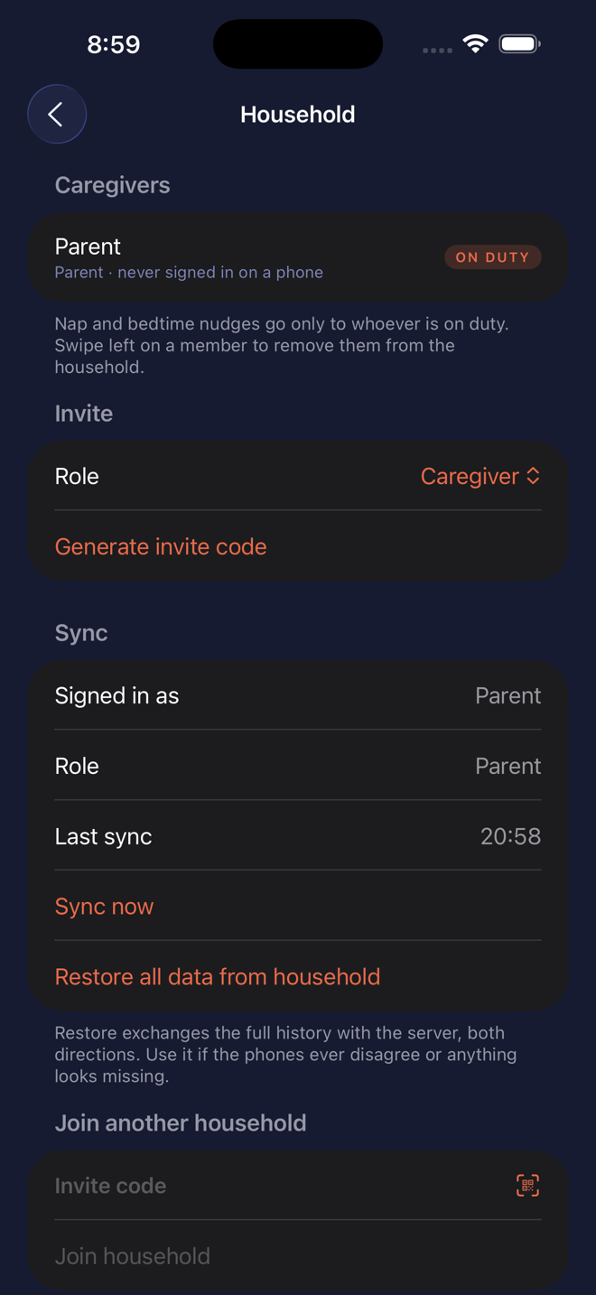 The household screen with an invite code for a partner or caregiver